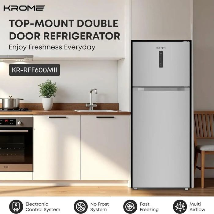 KROME 600L Capacity Double Door Refrigerator | Total No Frost | LED Display | Twist Ice Maker | Humidity-Controlled Crisper | KR-RFF600MII