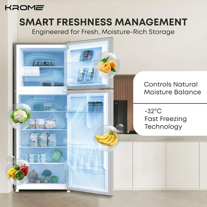 KROME 600L Capacity Double Door Refrigerator | Total No Frost | LED Display | Twist Ice Maker | Humidity-Controlled Crisper | KR-RFF600MII