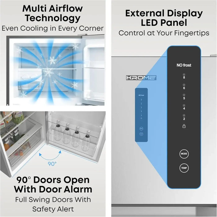 KROME 600L Capacity Double Door Refrigerator | Total No Frost | LED Display | Twist Ice Maker | Humidity-Controlled Crisper | KR-RFF600MII