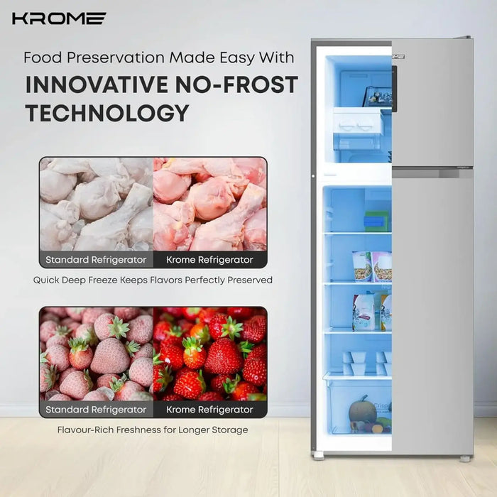 KROME 600L Capacity Double Door Refrigerator | Total No Frost | LED Display | Twist Ice Maker | Humidity-Controlled Crisper | KR-RFF600MII