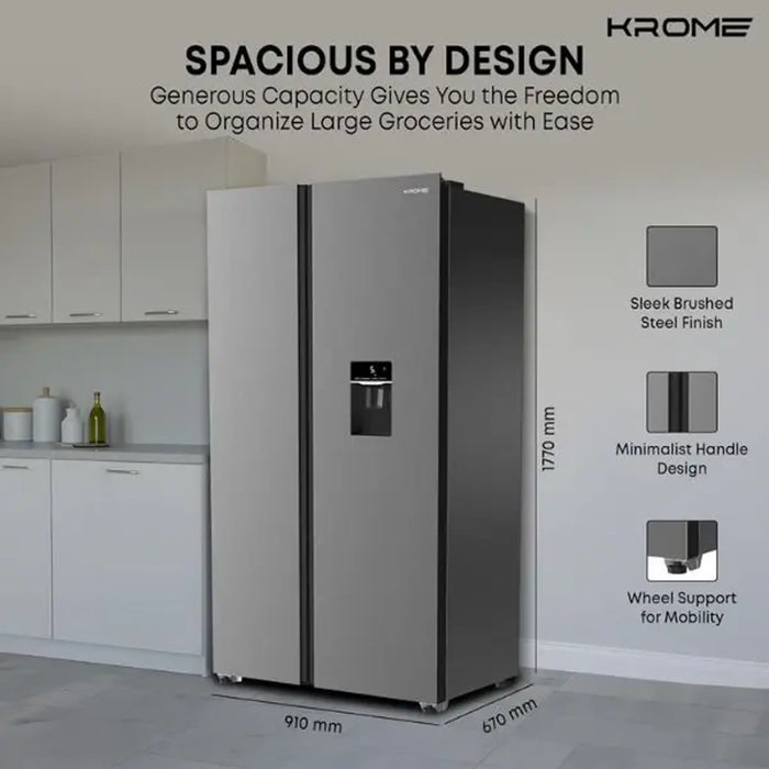 KROME Side-by-Side Refrigerator Gross 701L & 526 L Net | Inverter Compressor| Total No Frost| External LED Display| Water Dispenser| Ice Twister| Door Alarm| Inox Finish| KR-SBS 701WIH
