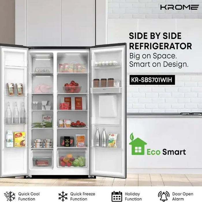 KROME Side-by-Side Refrigerator Gross 701L & 526 L Net | Inverter Compressor| Total No Frost| External LED Display| Water Dispenser| Ice Twister| Door Alarm| Inox Finish| KR-SBS 701WIH