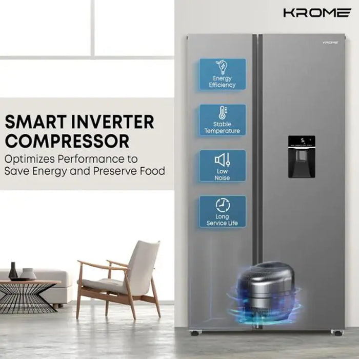 KROME Side-by-Side Refrigerator Gross 701L & 526 L Net | Inverter Compressor| Total No Frost| External LED Display| Water Dispenser| Ice Twister| Door Alarm| Inox Finish| KR-SBS 701WIH