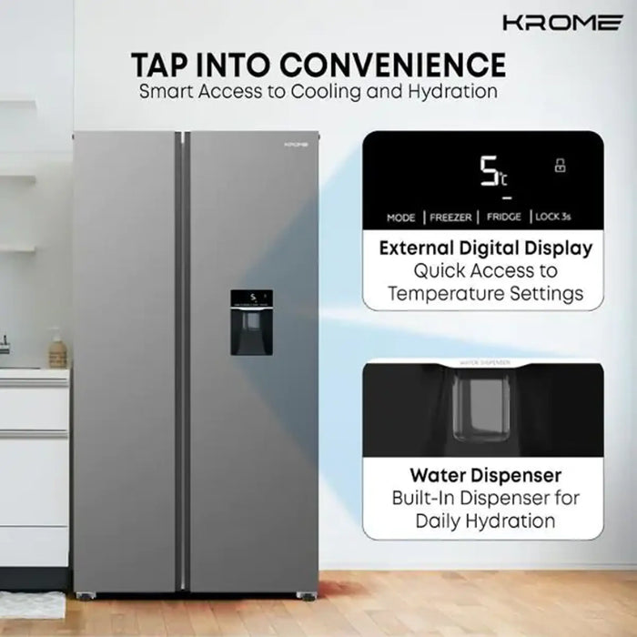 KROME Side-by-Side Refrigerator Gross 701L & 526 L Net | Inverter Compressor| Total No Frost| External LED Display| Water Dispenser| Ice Twister| Door Alarm| Inox Finish| KR-SBS 701WIH