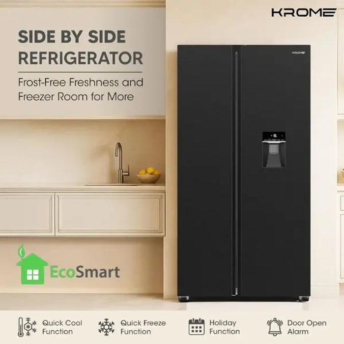 Krome 820L Gross Side-by-Side Refrigerator| 595L Net Capacity| No Frost| Inverter Compressor| Quick Cooling & Freezing| LED Touch Control| Twist Ice Maker| Dark Inox Metal Doors| KR-SBS 820WIH