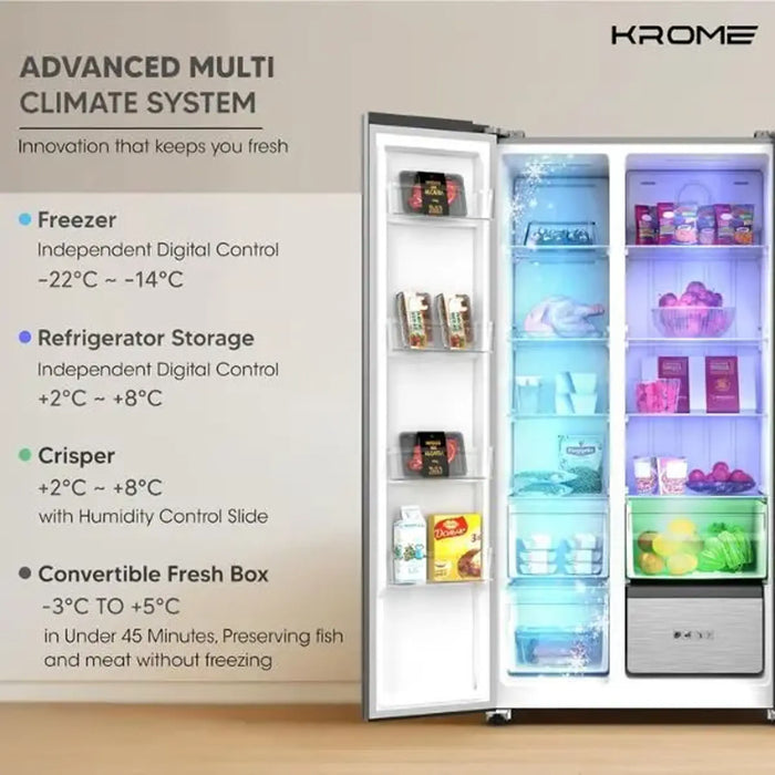 Krome 820L Gross Side-by-Side Refrigerator| 595L Net Capacity| No Frost| Inverter Compressor| Quick Cooling & Freezing| LED Touch Control| Twist Ice Maker| Dark Inox Metal Doors| KR-SBS 820WIH