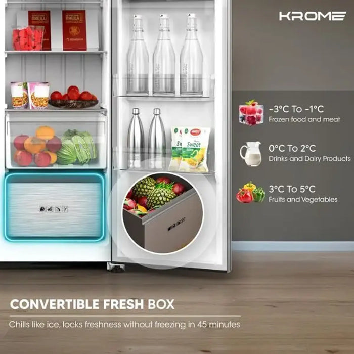Krome 820L Gross Side-by-Side Refrigerator| 595L Net Capacity| No Frost| Inverter Compressor| Quick Cooling & Freezing| LED Touch Control| Twist Ice Maker| Dark Inox Metal Doors| KR-SBS 820WIH