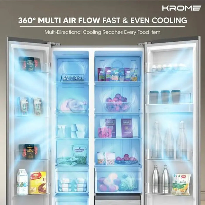 Krome 820L Gross Side-by-Side Refrigerator| 595L Net Capacity| No Frost| Inverter Compressor| Quick Cooling & Freezing| LED Touch Control| Twist Ice Maker| Dark Inox Metal Doors| KR-SBS 820WIH