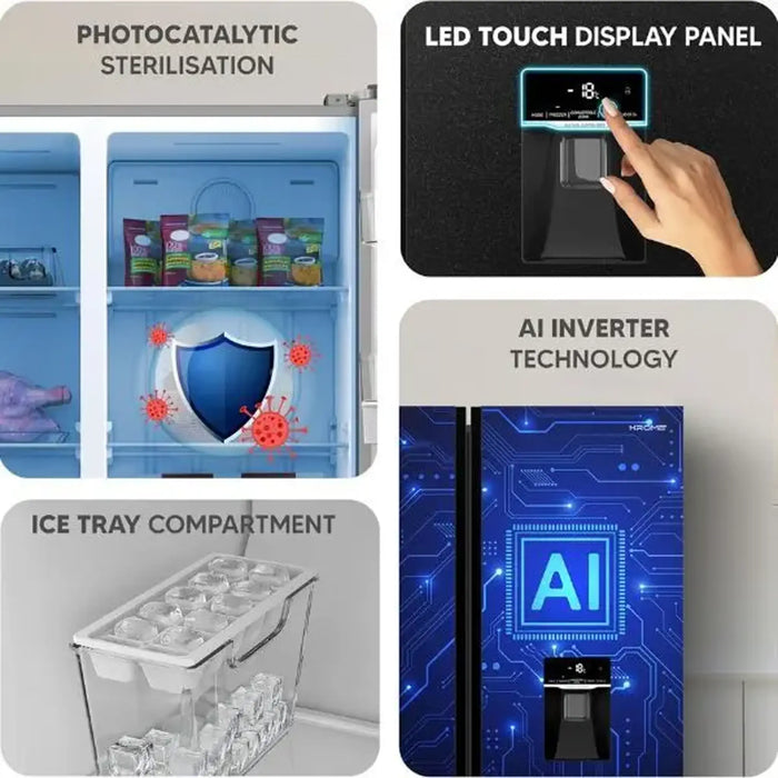 Krome 820L Gross Side-by-Side Refrigerator| 595L Net Capacity| No Frost| Inverter Compressor| Quick Cooling & Freezing| LED Touch Control| Twist Ice Maker| Dark Inox Metal Doors| KR-SBS 820WIH