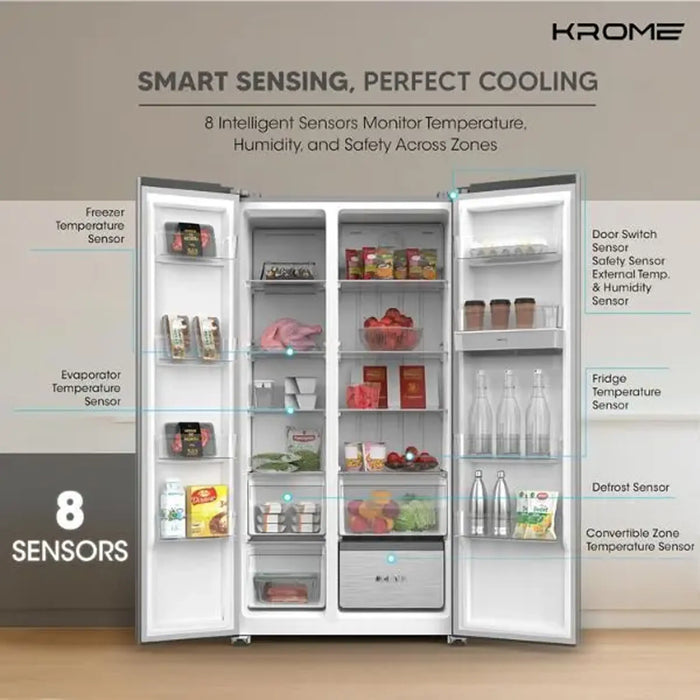 Krome 820L Gross Side-by-Side Refrigerator| 595L Net Capacity| No Frost| Inverter Compressor| Quick Cooling & Freezing| LED Touch Control| Twist Ice Maker| Dark Inox Metal Doors| KR-SBS 820WIH