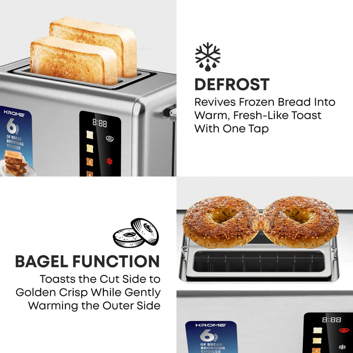 Krome 2-Slice Toaster | 850W | Defrost And Reheat Function | Removable Crumb Tray | Full Functional Touch Panel | Digital Display Countdown | KR-BT20TD