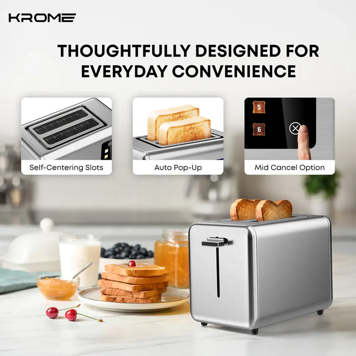 Krome 2-Slice Toaster | 850W | Defrost And Reheat Function | Removable Crumb Tray | Full Functional Touch Panel | Digital Display Countdown | KR-BT20TD