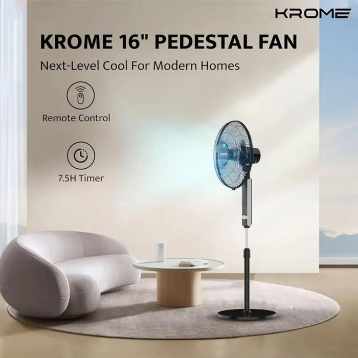 Krome Pedestal Fan with Remote Control | High-Speed Motor | 7.5-Hour Timer | 3 Speed Settings | 5-Blade Design for Powerful Airflow | Black | KR-PF 16WRC