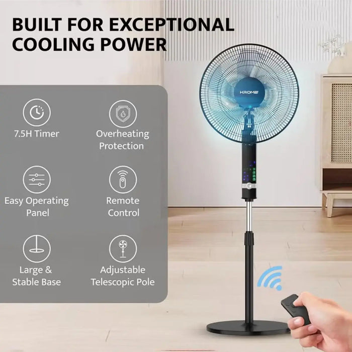 Krome Pedestal Fan with Remote Control | High-Speed Motor | 7.5-Hour Timer | 3 Speed Settings | 5-Blade Design for Powerful Airflow | Black | KR-PF 16WRC