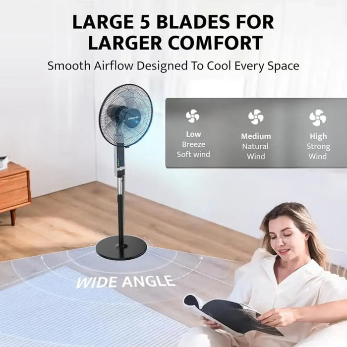 Krome Pedestal Fan with Remote Control | High-Speed Motor | 7.5-Hour Timer | 3 Speed Settings | 5-Blade Design for Powerful Airflow | Black | KR-PF 16WRC
