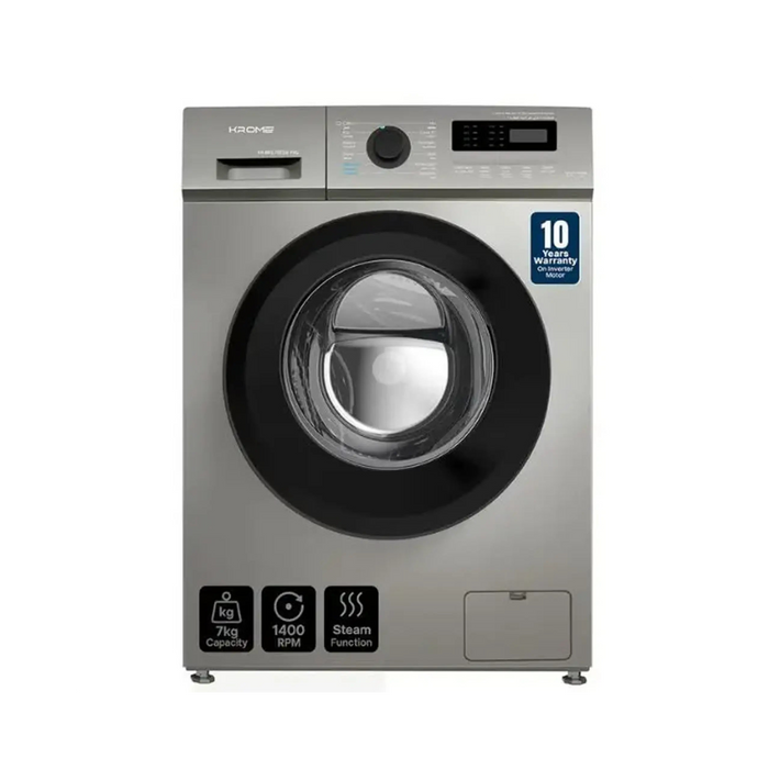 Krome 7Kg Front Load Washing Machine | 1400 RPM Spin Speed | 46L Drum Volume | 12 Wash Programs | Advanced BLDC Inverter Motor With 5-Star Efficiency |KR-WFL 70TSSI |Silver