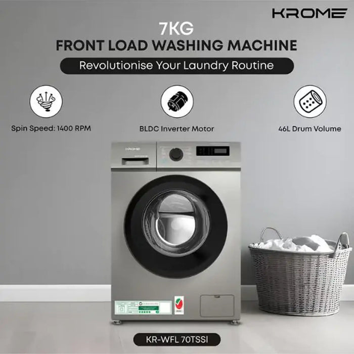 Krome 7Kg Front Load Washing Machine | 1400 RPM Spin Speed | 46L Drum Volume | 12 Wash Programs | Advanced BLDC Inverter Motor With 5-Star Efficiency |KR-WFL 70TSSI |Silver