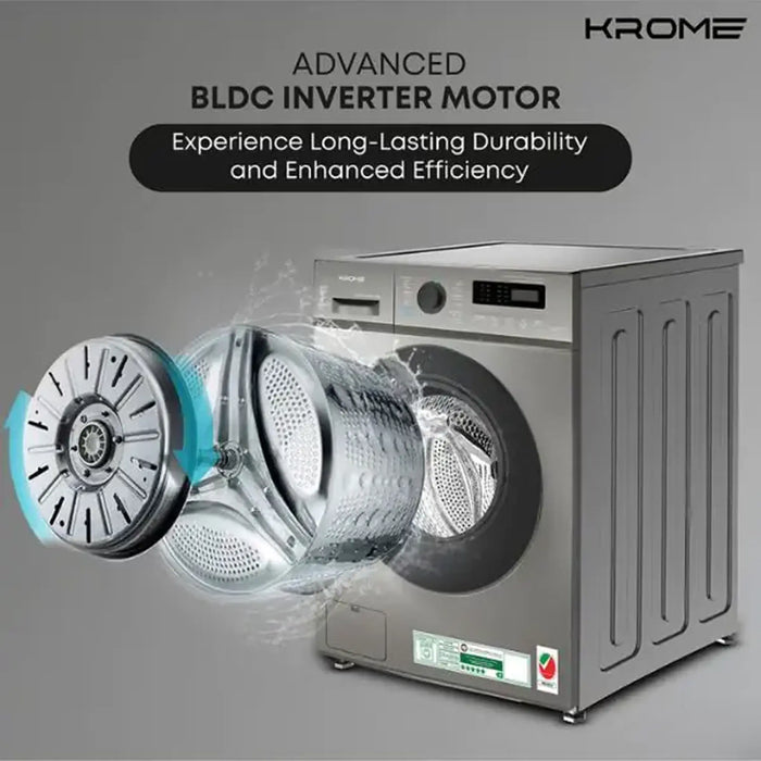 Krome 7Kg Front Load Washing Machine | 1400 RPM Spin Speed | 46L Drum Volume | 12 Wash Programs | Advanced BLDC Inverter Motor With 5-Star Efficiency |KR-WFL 70TSSI |Silver