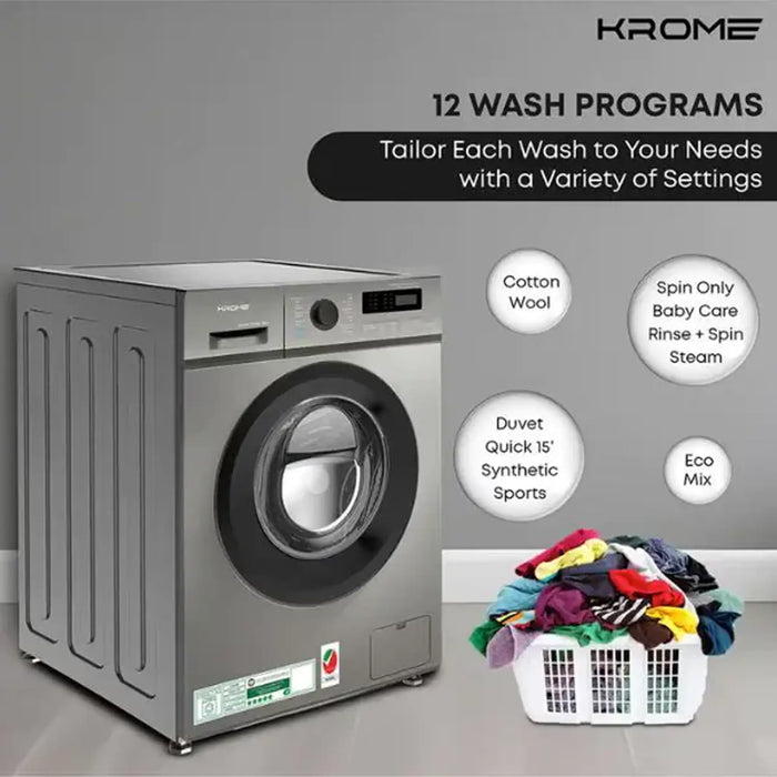 Krome 7Kg Front Load Washing Machine | 1400 RPM Spin Speed | 46L Drum Volume | 12 Wash Programs | Advanced BLDC Inverter Motor With 5-Star Efficiency |KR-WFL 70TSSI |Silver