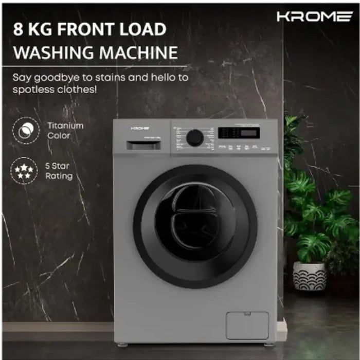 Krome 8KG Front Load Washing Machine | BLDC Inverter Motor | 1400 RPM | 15 Programs | Fully Automatic with Lunar Dial | 5 Star Energy Rating | LED Display | Multiple Temperature | 1 Year Warranty | Capacity: 8 kg | Model: KR-WFL80SSI | Color: Titanium