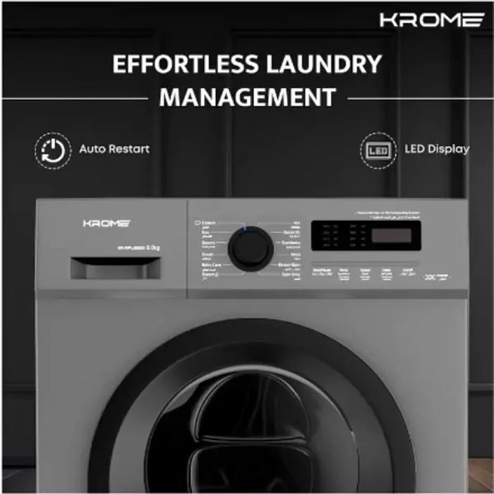 Krome 8KG Front Load Washing Machine | BLDC Inverter Motor | 1400 RPM | 15 Programs | Fully Automatic with Lunar Dial | 5 Star Energy Rating | LED Display | Multiple Temperature | 1 Year Warranty | Capacity: 8 kg | Model: KR-WFL80SSI | Color: Titanium