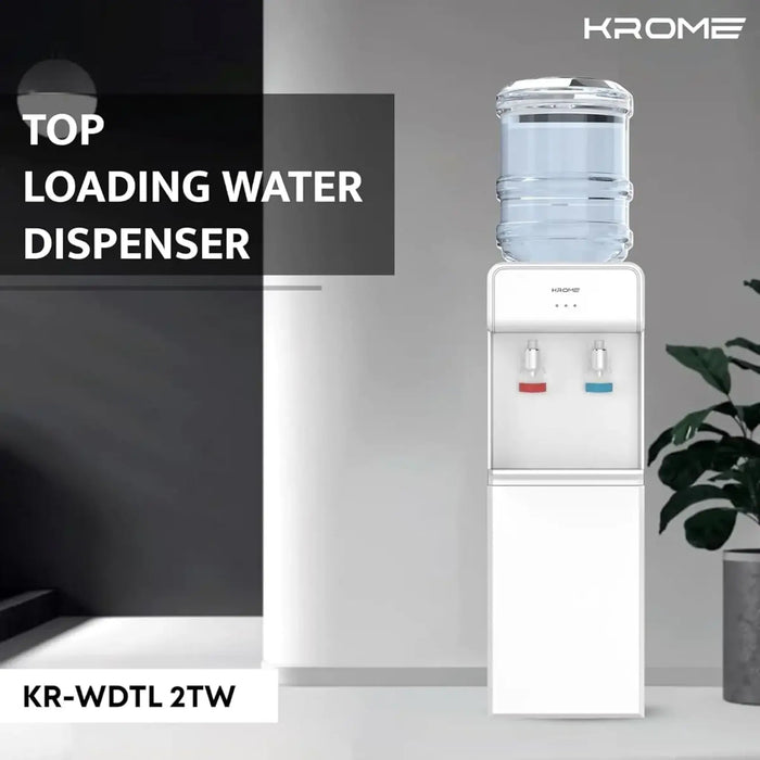 Krome Hot & Cold Water Dispenser | Standing Model | Compressor Cooling with Storage Cabinet | White Color | Top Loading