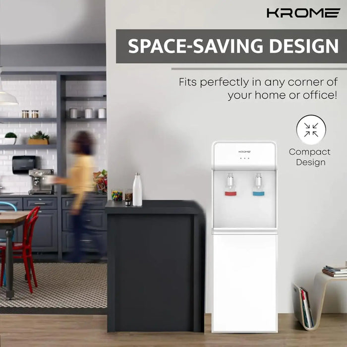Krome Hot & Cold Water Dispenser | Standing Model | Compressor Cooling with Storage Cabinet | White Color | Top Loading