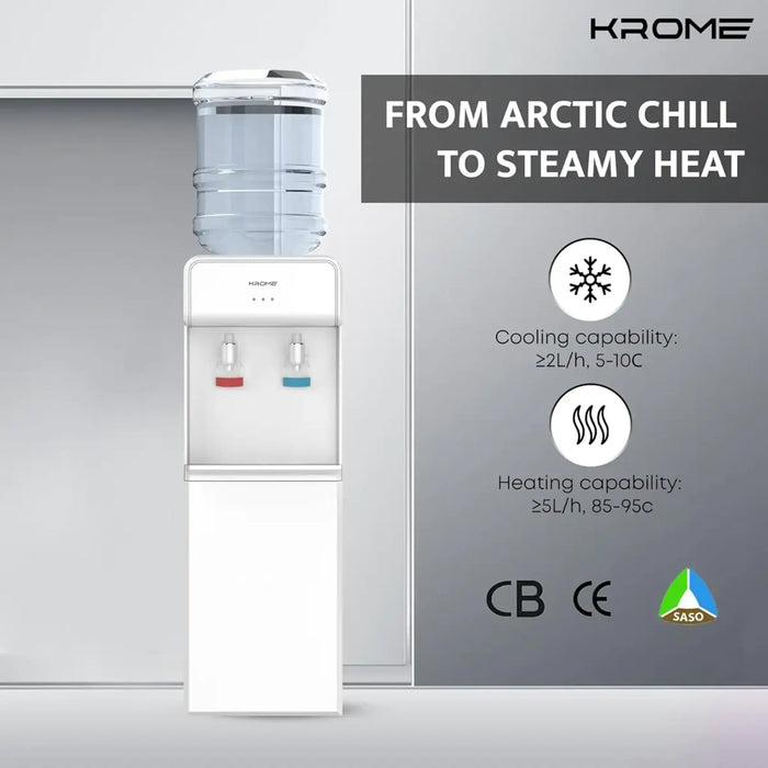 Krome Hot & Cold Water Dispenser | Standing Model | Compressor Cooling with Storage Cabinet | White Color | Top Loading