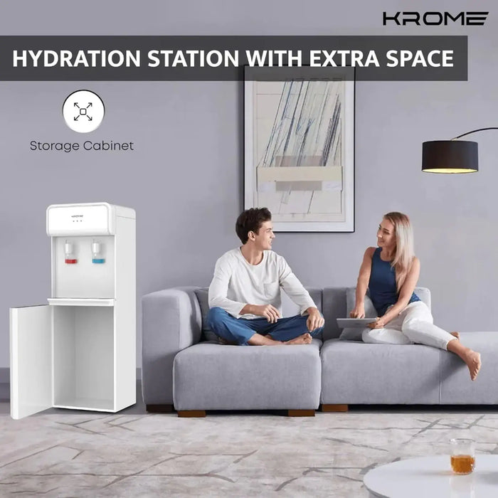 Krome Hot & Cold Water Dispenser | Standing Model | Compressor Cooling with Storage Cabinet | White Color | Top Loading