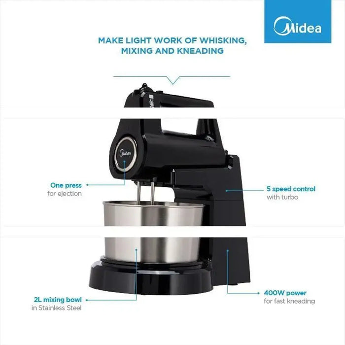 Midea 5-in-1 Hand Mixer & Stand Mixer | 400W Motor | 2L Stainless Steel Bowl | 5 Speeds + Turbo | Kneads, Mixes, Whips & Whisks | HM0293A