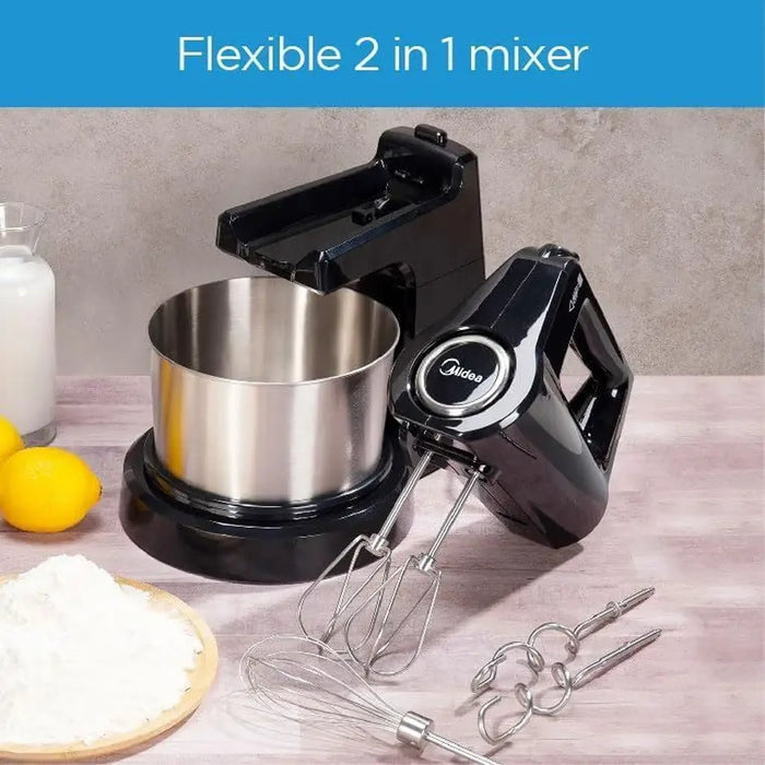Midea 5-in-1 Hand Mixer & Stand Mixer | 400W Motor | 2L Stainless Steel Bowl | 5 Speeds + Turbo | Kneads, Mixes, Whips & Whisks | HM0293A