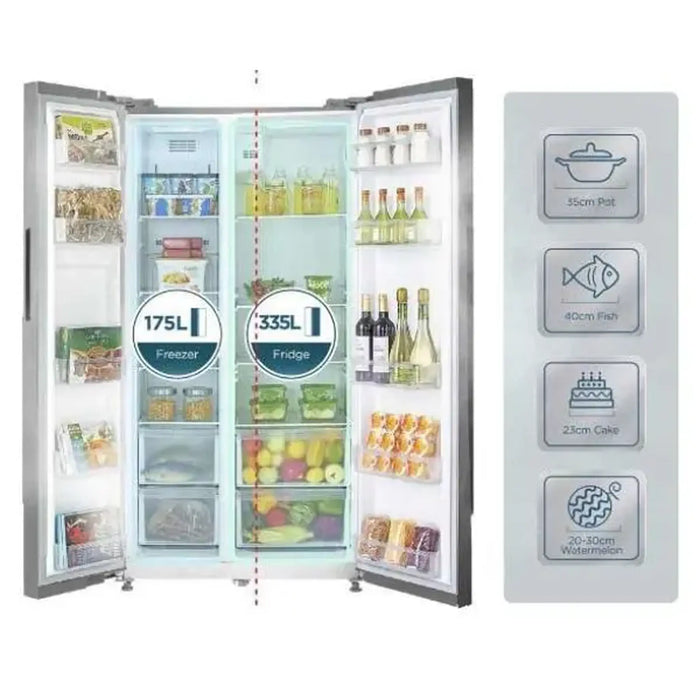Midea 690L Gross Side By Side 2 Door Refrigerator HC689WENS | Frost Free Fridge Freezer With Humidity Control| Electronic Touch Screen With LED Display| Multi-Air Flow| Adjustable Door Racks| Silver
