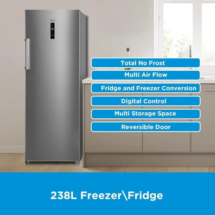 Midea 333L Gross & 238L Net Capacity Convertible Upright Freezer | Frost Free with Quick Freeze Technology | Convert from Freezer to Refrigerator with One Click Button | Electronic Control | Silver | MDRU333FEE46AE