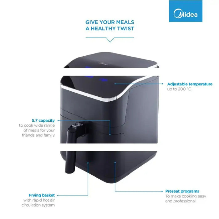 Midea XXL 5.5L Air Fryer | 1700W | Dual Cyclone Rapid Hot Air Technology | Frying | Grilling | Broiling | Roasting | Baking & Toasting | Digital Control | Best Oil Free Fryer for Large Family | MFCN55D2