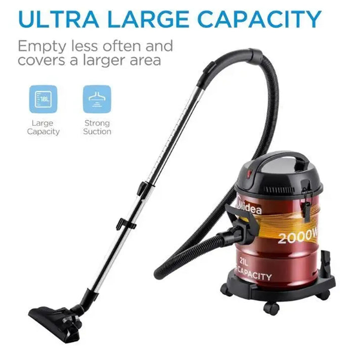 Midea Drum Vacuum Cleaner 2000 Watts | 21 Liters Ultra-Large Tank Dust Capacity | Adjustable Tube | Removable & Washable Filter | Rug-Floor Nozzle | Blower Function | Best for Home & Office | Model: MDVC21