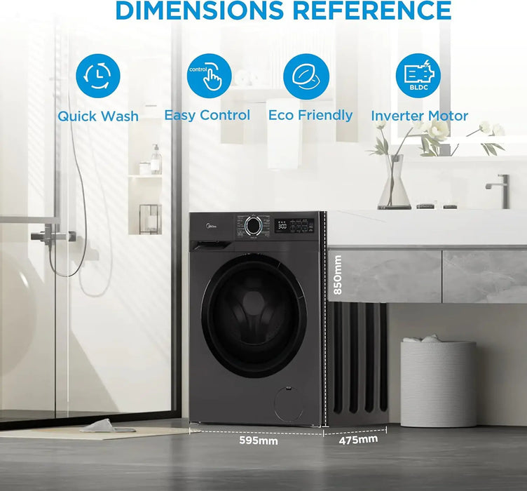 Midea Front Load Washing Machine 8kg Titanium | Inverter Motor | 1400 RPM | Steam Care | Turbo Wash | MF110W80B/T