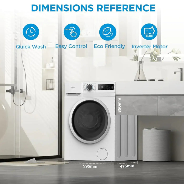 Midea 8KG Front Load Washing Machine BLDC Inverter Motor|1400 RPM | 15 Programs| Lunar Dial| Integrated Digital Control-LED Display| Water Cube Drum | White| MF110W80B-W-GCCE