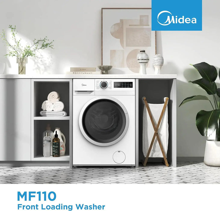 Midea 8KG Front Load Washing Machine BLDC Inverter Motor|1400 RPM | 15 Programs| Lunar Dial| Integrated Digital Control-LED Display| Water Cube Drum | White| MF110W80B-W-GCCE