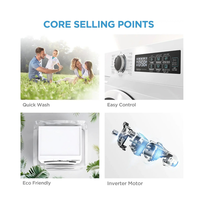 Midea 8KG Front Load Washing Machine BLDC Inverter Motor|1400 RPM | 15 Programs| Lunar Dial| Integrated Digital Control-LED Display| Water Cube Drum | White| MF110W80B-W-GCCE