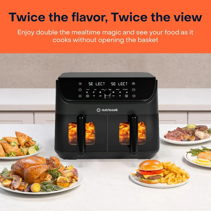 Nutricook Air Fryer Duo 2 Vision 8.5L | Dual Independent Baskets With Clear Windows | 12 One-Touch Cooking Programs | 2400W | Black | NC-AFD185V