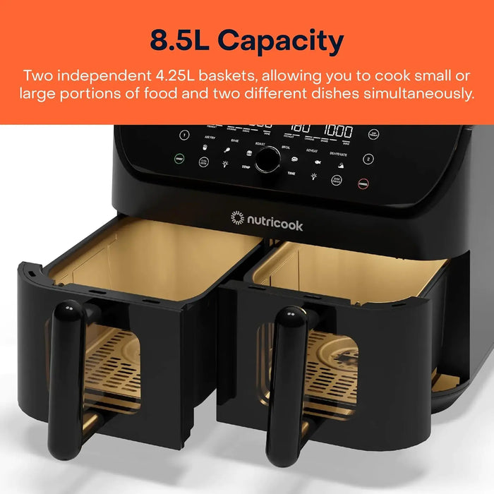 Nutricook Air Fryer Duo 2 Vision 8.5L | Dual Independent Baskets With Clear Windows | 12 One-Touch Cooking Programs | 2400W | Black | NC-AFD185V