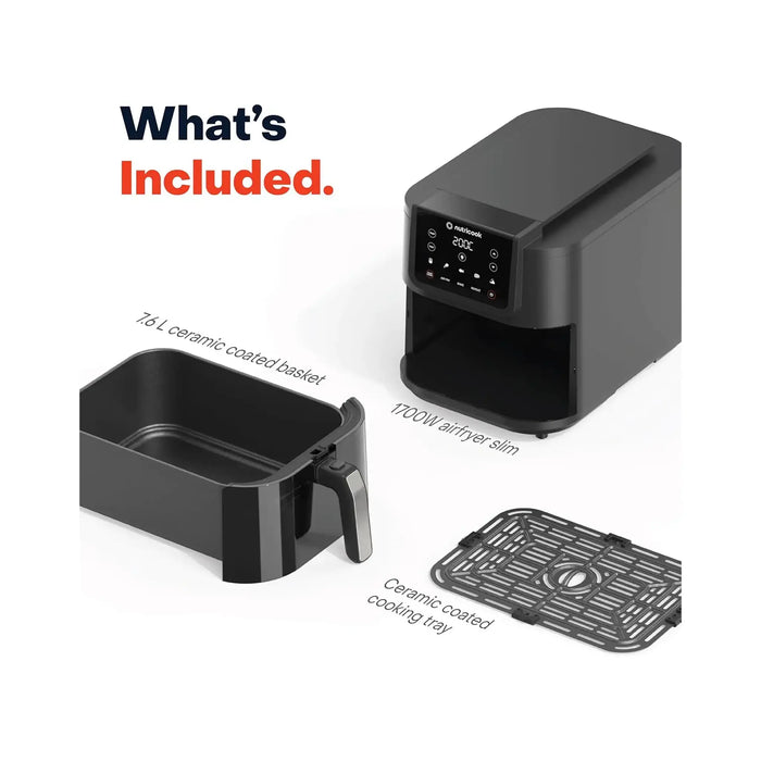 Nutricook Slim XL Air Fryer 7.6L | 1700W Power | Space-Saving Slim Design | Clear Viewing Window & Internal Light | 10 Presets Air Fry Bake Reheat | Black | AFS200