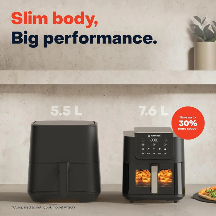 Nutricook Slim XL Air Fryer 7.6L | 1700W Power | Space-Saving Slim Design | Clear Viewing Window & Internal Light | 10 Presets Air Fry Bake Reheat | Black | AFS200