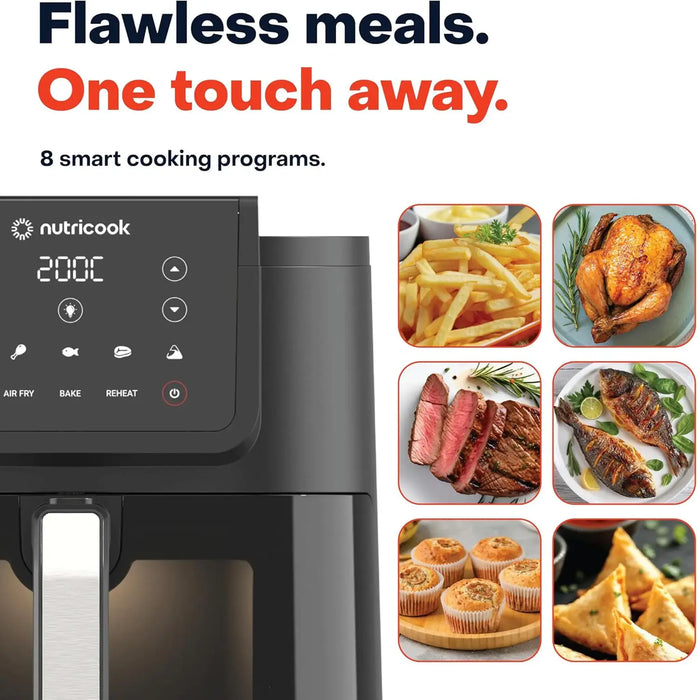 Nutricook Slim XL Air Fryer 7.6L | 1700W Power | Space-Saving Slim Design | Clear Viewing Window & Internal Light | 10 Presets Air Fry Bake Reheat | Black | AFS200