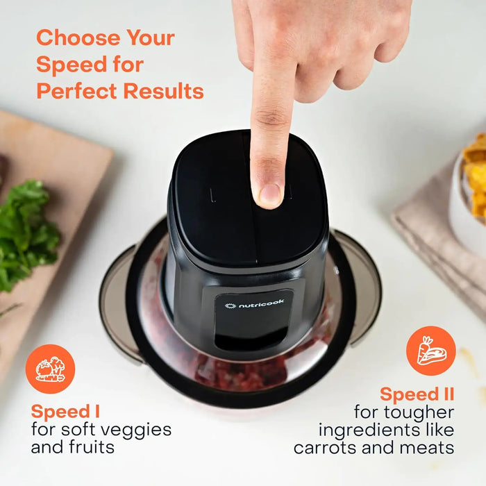 Nutricook Choppi XXL Multi-Purpose Electric Chopper | 2.0L Glass Bowl | 2.0L Stainless Steel Bowl | 500W Motor | 2 Speed Settings | Stainless Steel Quad Blade | NC-CH2000