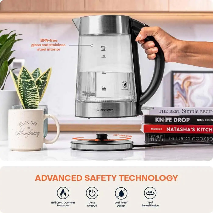 Nutricook Glass Kettle 1.7L | 1.7L Capacity | 2200W Double-Wall Borosilicate Glass | Boil Dry Protection | Auto Shut-Off | 360¡ Swivel Base | NC-GK100