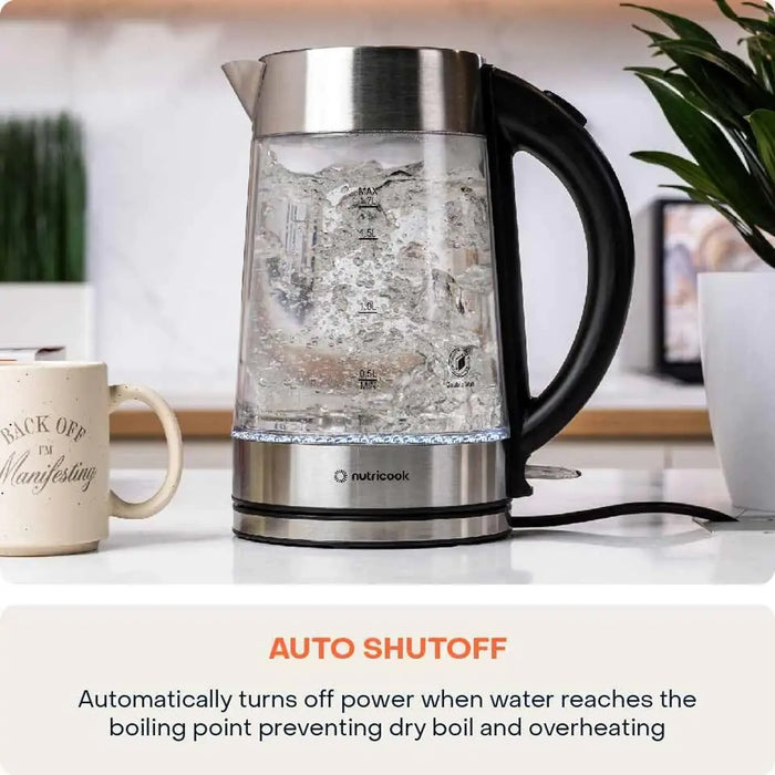 Nutricook Glass Kettle 1.7L | 1.7L Capacity | 2200W Double-Wall Borosilicate Glass | Boil Dry Protection | Auto Shut-Off | 360¡ Swivel Base | NC-GK100