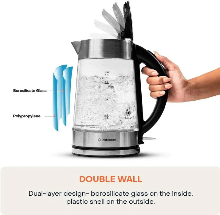 Nutricook Glass Kettle 1.7L | 1.7L Capacity | 2200W Double-Wall Borosilicate Glass | Boil Dry Protection | Auto Shut-Off | 360¡ Swivel Base | NC-GK100