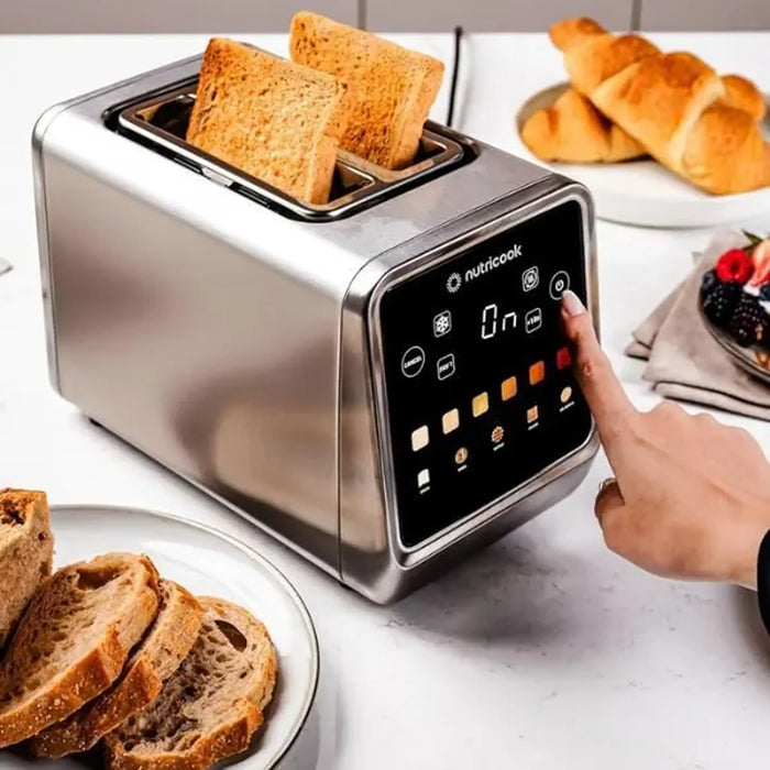 Nutricook 2 Slice Smart Toaster with Touch Screen| all in one for Bread| Bage| Pastry and English Muffin| reheat| Defrost & Favorite button| Stainless Steel|850W|NC-TS201