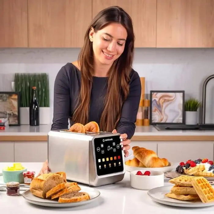 Nutricook 2 Slice Smart Toaster with Touch Screen| all in one for Bread| Bage| Pastry and English Muffin| reheat| Defrost & Favorite button| Stainless Steel|850W|NC-TS201